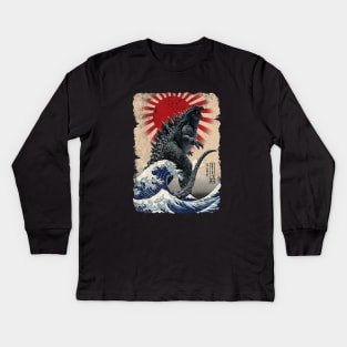 Godzilla and the Wave - Rough Kids Long Sleeve T-Shirt